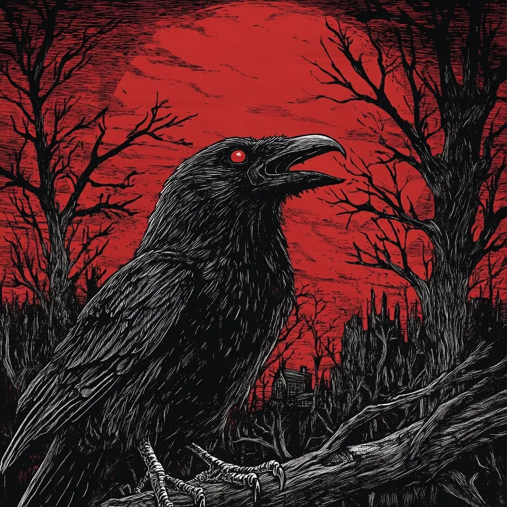 A large black raven with glowing red eyes perches on a gnarled branch against a backdrop of a blood-red moon.  Silhouetted bare trees and a dark, foreboding village fill the ominous landscape. The image is rendered in a stark, black-and-white style, enhancing the gothic and macabre atmosphere. The raven's posture suggests a call or warning, adding to the overall sense of mystery.