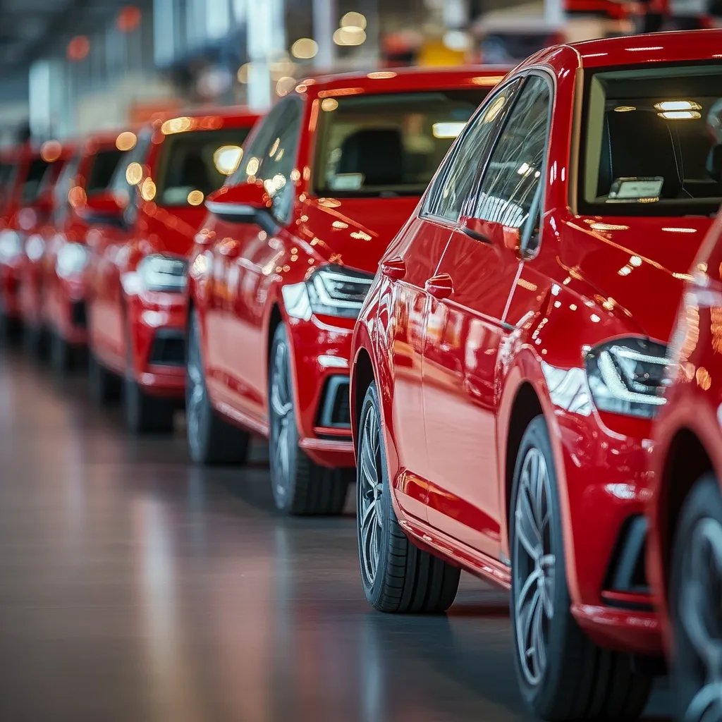 A long line of brand new, shiny red cars sits in a factory, awaiting delivery.  The focus is on the closest car, showcasing its sleek design and polished paint. The row of vehicles extends into the background, creating a perspective of mass production and efficiency within a modern automotive plant.  The clean floor reflects the cars' vibrant color.