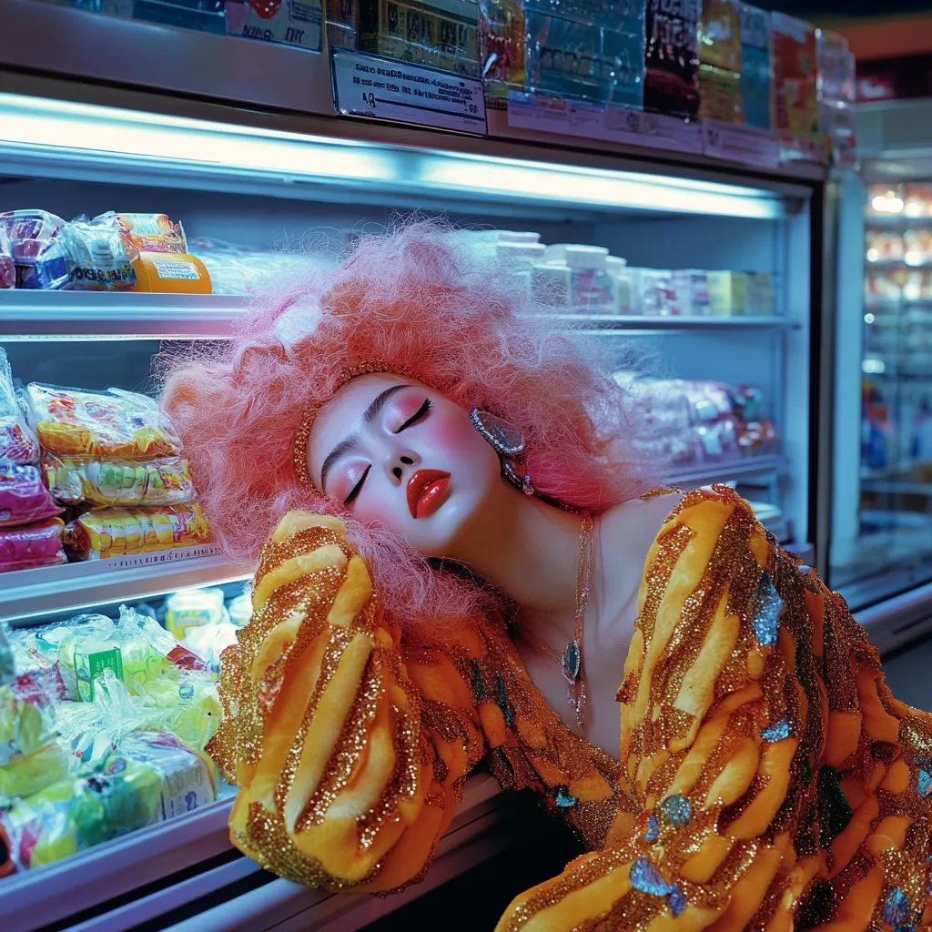 A young woman with vibrant pink hair and dramatic makeup rests her head on a refrigerated display case in a convenience store. She wears a shimmering gold and orange dress adorned with small, decorative elements. The scene is brightly lit, creating a surreal and striking contrast between the woman's flamboyant attire and the mundane setting of the store's refrigerated goods.  The overall impression is one of stylish, slightly whimsical, surrealism.