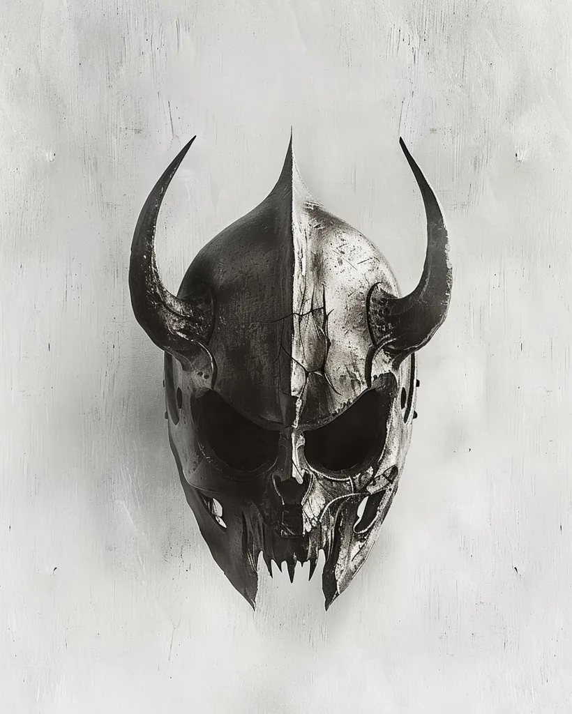 A striking monochrome image showcases a meticulously crafted metal helmet, seemingly divided into two distinct halves.  One side is dark and menacing, while the other displays a lighter, weathered texture.  The helmet is adorned with dramatic, curved horns, adding to its imposing and almost demonic appearance. The background is a simple, textured white, allowing the helmet to command full attention.