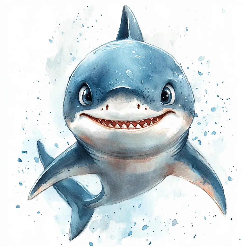 A charming watercolor painting depicts a cartoon shark.  The shark is rendered in shades of blue, with large, expressive eyes and a friendly grin.  Its body is detailed with subtle shading, creating a soft, almost cuddly appearance. The background features light blue watercolor splashes, adding to the whimsical feel.  The overall style is cute and playful.
