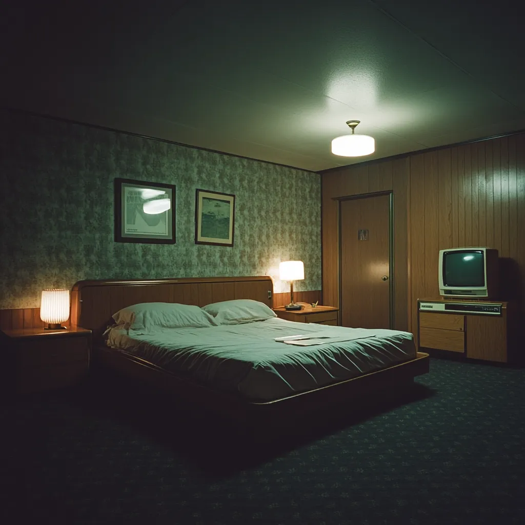 A dimly lit motel room, evocative of the 1970s, features a double bed with white linens, wooden nightstands with lamps, and framed artwork on the wall.  A vintage television sits atop a wooden cabinet.  The room's muted green wallpaper and wood paneling contribute to a retro atmosphere. A single overhead light illuminates the space. The overall mood is quiet and slightly melancholic.