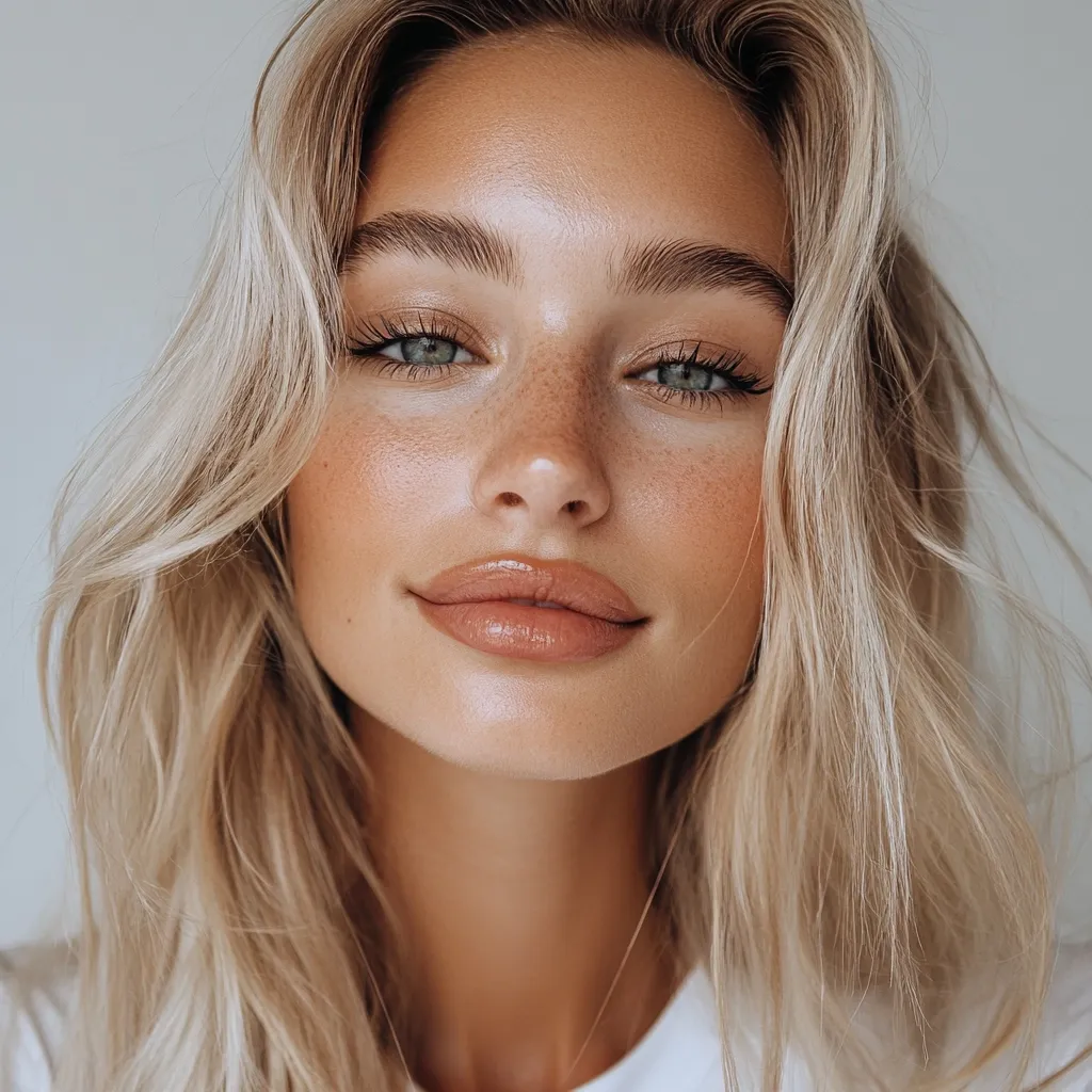 Close-up portrait of a young woman with long, wavy blonde hair.  She has a sun-kissed complexion, light freckles, and subtle makeup.  Her expression is soft and inviting, with a gentle smile.  The overall aesthetic is natural and radiant.