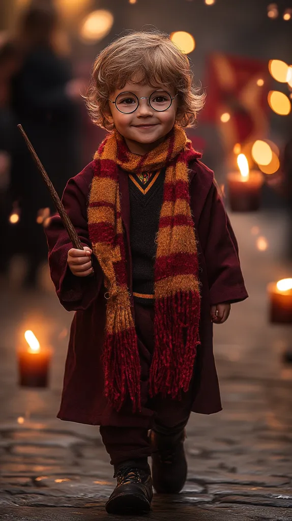 A charming toddler, dressed in a burgundy robe and Gryffindor-colored scarf, confidently holds a wand.  Round glasses accentuate their adorable face.  The background is blurred, showcasing a warm, candlelit path, suggesting a magical setting.  The child's expression is one of sweet seriousness, enhancing the whimsical scene.