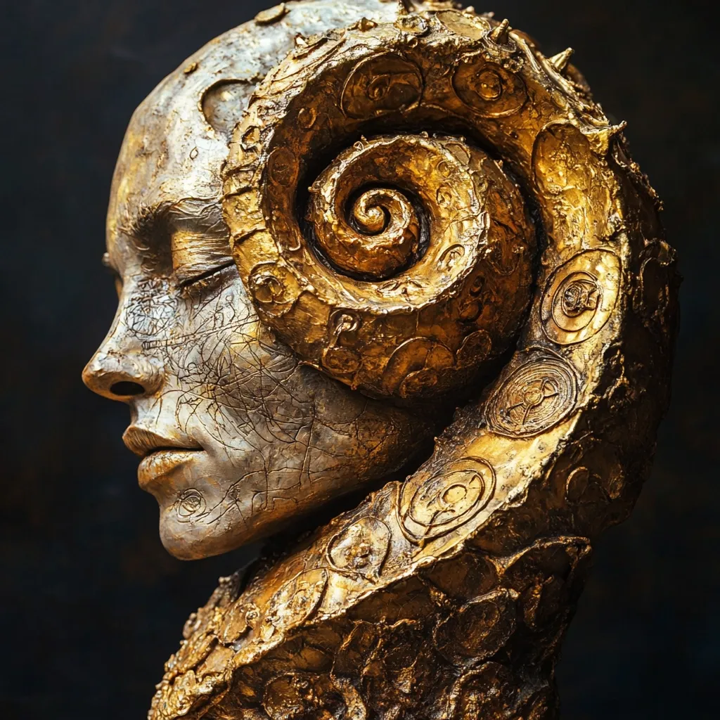 A striking bronze sculpture depicts a woman's head adorned with a large, intricately detailed, golden ammonite-like shell.  Her eyes are closed, and her expression is serene. The sculpture's surface is textured, with visible cracks and markings, enhancing its aged and mystical appearance. The gold leaf highlights the swirling patterns of the shell and the woman's features, creating a captivating contrast against the darker bronze tones.