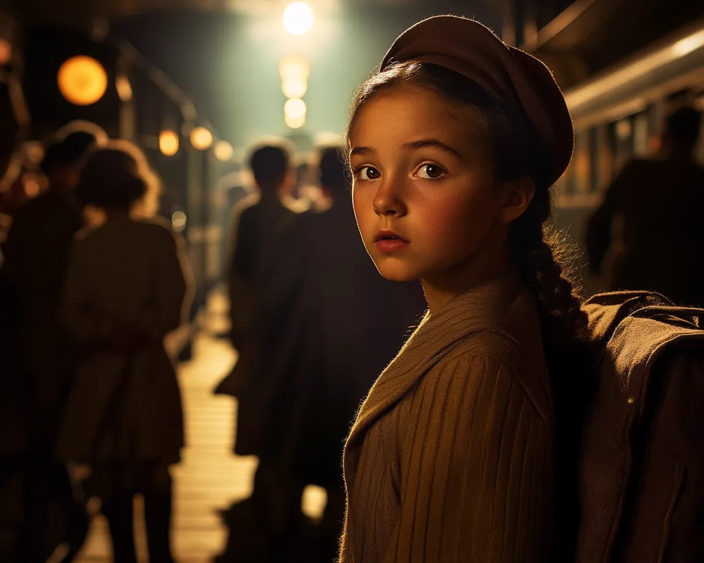 A young girl, wearing a brown cap and carrying a backpack, stands on a dimly lit train platform.  Her serious expression and attire suggest a time of hardship or displacement.  Blurred figures of other passengers fill the background, creating a sense of movement and anonymity. The scene is evocative of a historical period, possibly wartime.