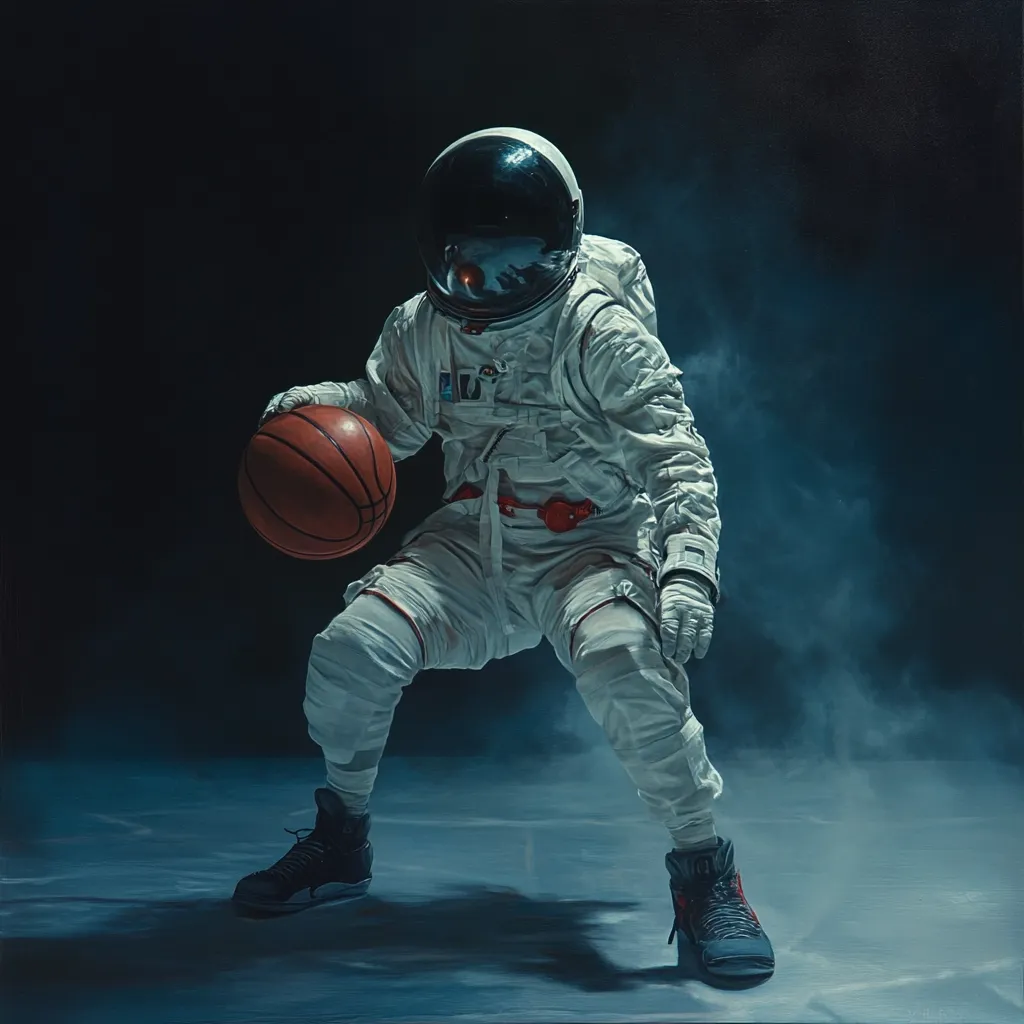 A hyperrealistic painting depicts an astronaut in a bulky white spacesuit, crouched low to the ground, dribbling a basketball.  The setting is dark and atmospheric, with a hazy blue-grey background suggesting an otherworldly court.  The astronaut's dark shoes contrast with the bright suit, creating a striking visual effect. The image blends science fiction and sports themes in a captivating and surreal manner.