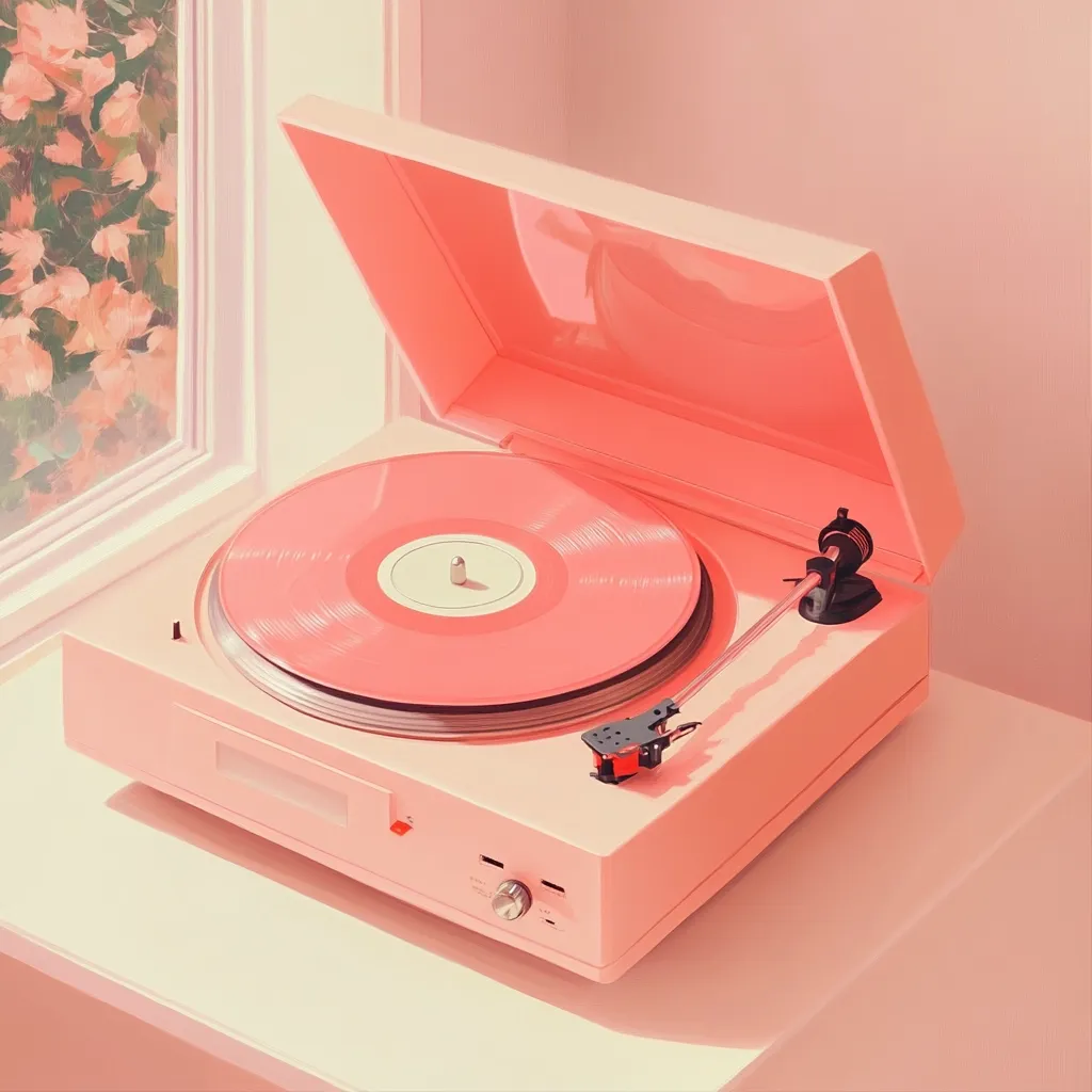 A pastel pink record player sits on a light pink surface, bathed in soft sunlight.  The lid is open, revealing a pink vinyl record playing.  A window with blossoming pink flowers is visible in the background, enhancing the overall soft, dreamy aesthetic of the image. The scene evokes a feeling of calm and nostalgia.