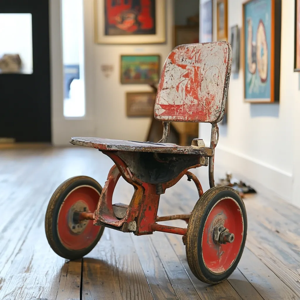 A vintage, red tricycle with a worn, painted seat sits on a hardwood floor.  The tricycle shows signs of age and use, with peeling paint and rust. It's positioned in what appears to be an art gallery, with blurred artwork visible in the background. The overall image evokes a sense of nostalgia and the passage of time.