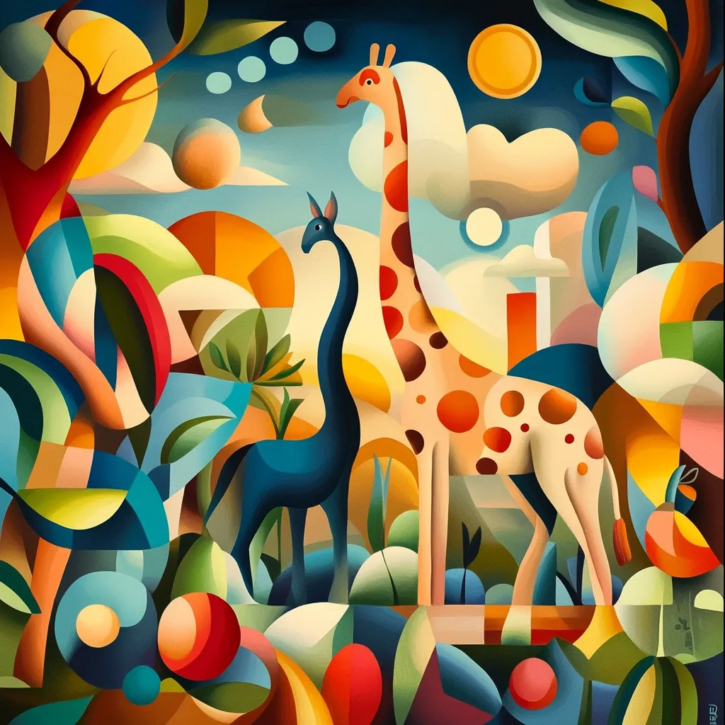 A vibrant, abstract artwork depicts two giraffes amidst a stylized landscape.  Bold geometric shapes and contrasting colors—deep blues, oranges, and yellows—create a dynamic composition.  One giraffe is a creamy beige with orange spots, the other is a deep blue. The background features simplified trees, sun-like forms, and swirling clouds, all rendered in a modern, geometric style. The overall effect is playful and visually striking.