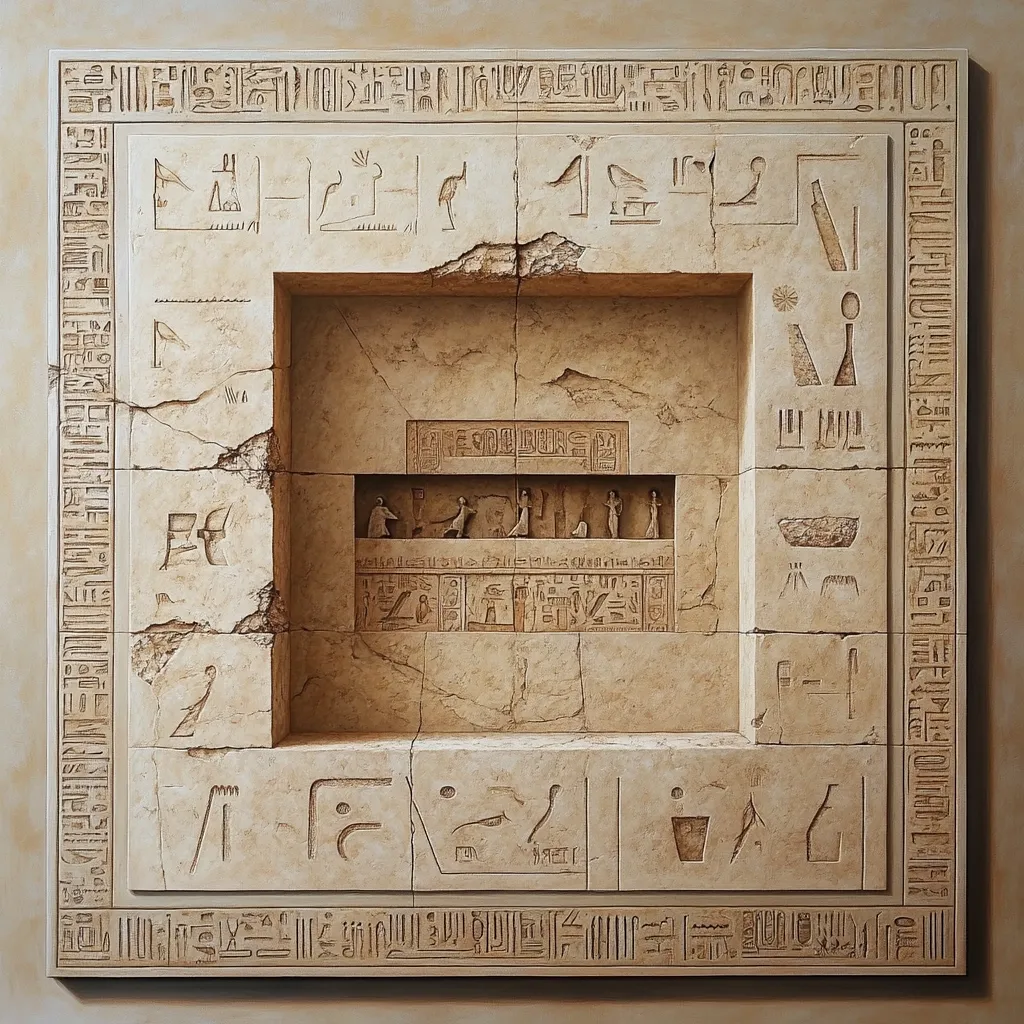 A beige square artwork depicts an ancient Egyptian-style relief carving.  The central panel shows a smaller recessed area with hieroglyphs and miniature figures, framed by larger panels filled with additional hieroglyphs and symbols.  The style suggests a weathered stone texture, with cracks and variations in color adding to the aged appearance. The overall composition is symmetrical and detailed, mimicking the appearance of an ancient tomb or temple wall.