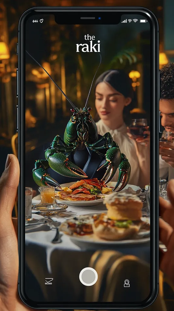 A smartphone displays an augmented reality experience.  A large, vibrant green crayfish is superimposed onto a restaurant scene, seemingly interacting with a table of food.  Two people dine in the background, oblivious to the digital crustacean. The app interface, labeled "the raki," is visible, suggesting a food-related or entertainment application. The overall effect is whimsical and engaging, showcasing AR technology in a visually appealing way.