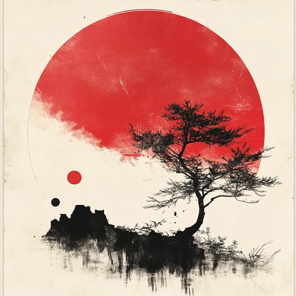 A minimalist artwork depicts a stylized landscape.  A large, red sun dominates the background, textured with subtle brushstrokes. A solitary, dark silhouette of a windswept tree stands prominently on a rocky outcrop in the foreground.  Smaller red and black circles are scattered in the sky, adding to the composition's symbolic and atmospheric quality.  The overall aesthetic suggests a Japanese-inspired, serene yet dramatic scene.