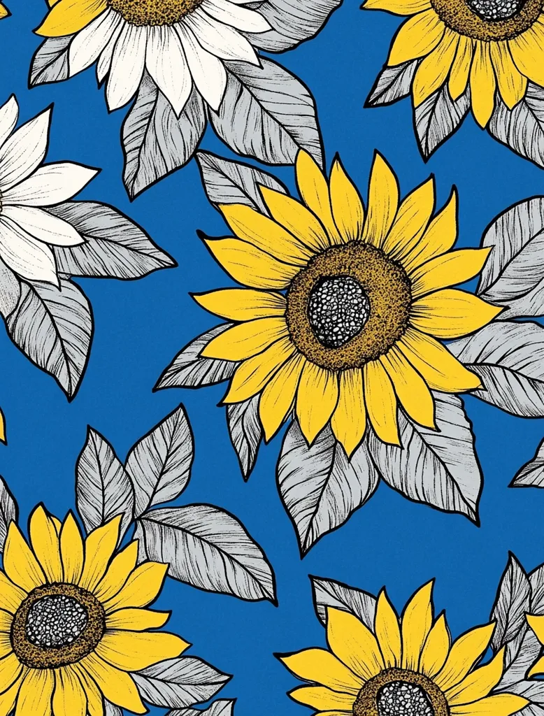 A vibrant blue background is adorned with a repeating pattern of sunflowers and leaves.  The sunflowers are depicted in shades of yellow and gold, contrasted by gray-toned leaves with detailed linework.  Some sunflowers are partially shown, creating a dynamic and overlapping floral design. The style is bold and graphic, reminiscent of a textile print or wallpaper design.