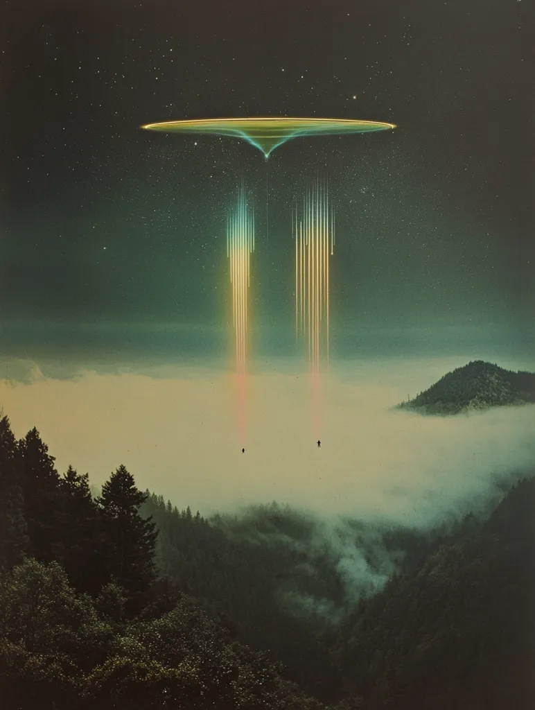 A surreal artwork depicts a UFO hovering over a misty forest landscape.  Two small figures appear to be ascending towards the craft, which emits glowing, vertical beams of light. The scene is set against a dark, starlit night sky, creating a mysterious and atmospheric ambiance. The overall tone is muted and melancholic, with a vintage aesthetic.