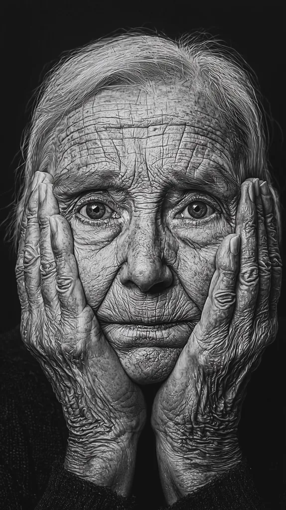 A black and white close-up portrait captures an elderly woman's face, her hands gently cradling her chin.  Deep wrinkles etched on her face and hands tell a story of time and lived experience.  Her gaze is soft, and her expression is one of quiet contemplation, conveying a sense of age, wisdom, and perhaps, a touch of melancholy. The stark contrast of light and shadow enhances the texture and detail of her skin.