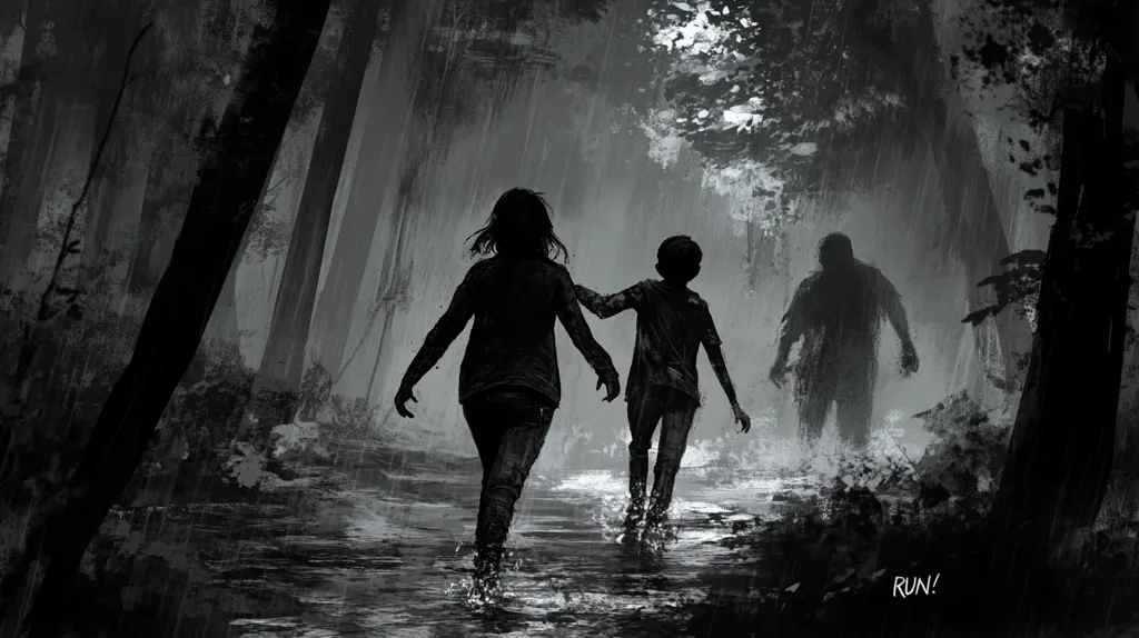 A black and white illustration depicts two children running through a rain-soaked forest, their silhouettes stark against the gloomy background.  A large, shadowy figure looms behind them, suggesting imminent danger. The scene is ominous and evokes a sense of urgency, emphasized by the word "RUN!" in the bottom right corner.  The overall mood is one of fear and desperate escape.