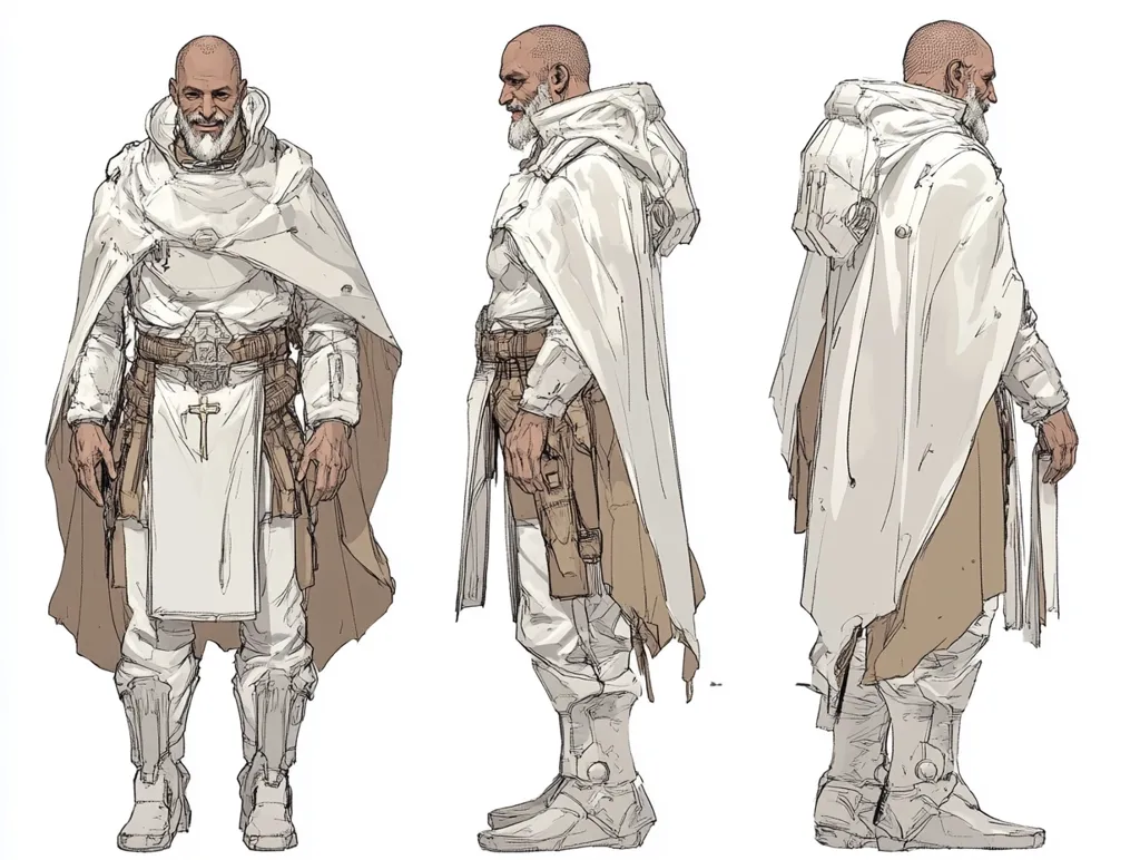 Three views of a character concept sketch are shown. The character is an older, bald man with a beard, wearing a long, light-colored hooded cloak, belted at the waist, over a white tunic and pants.  He wears tall, light-colored boots and carries what appears to be a book or tablet in his right hand in the side view.  A cross is visible on his garment.  The style is reminiscent of concept art for a fantasy or science fiction setting.