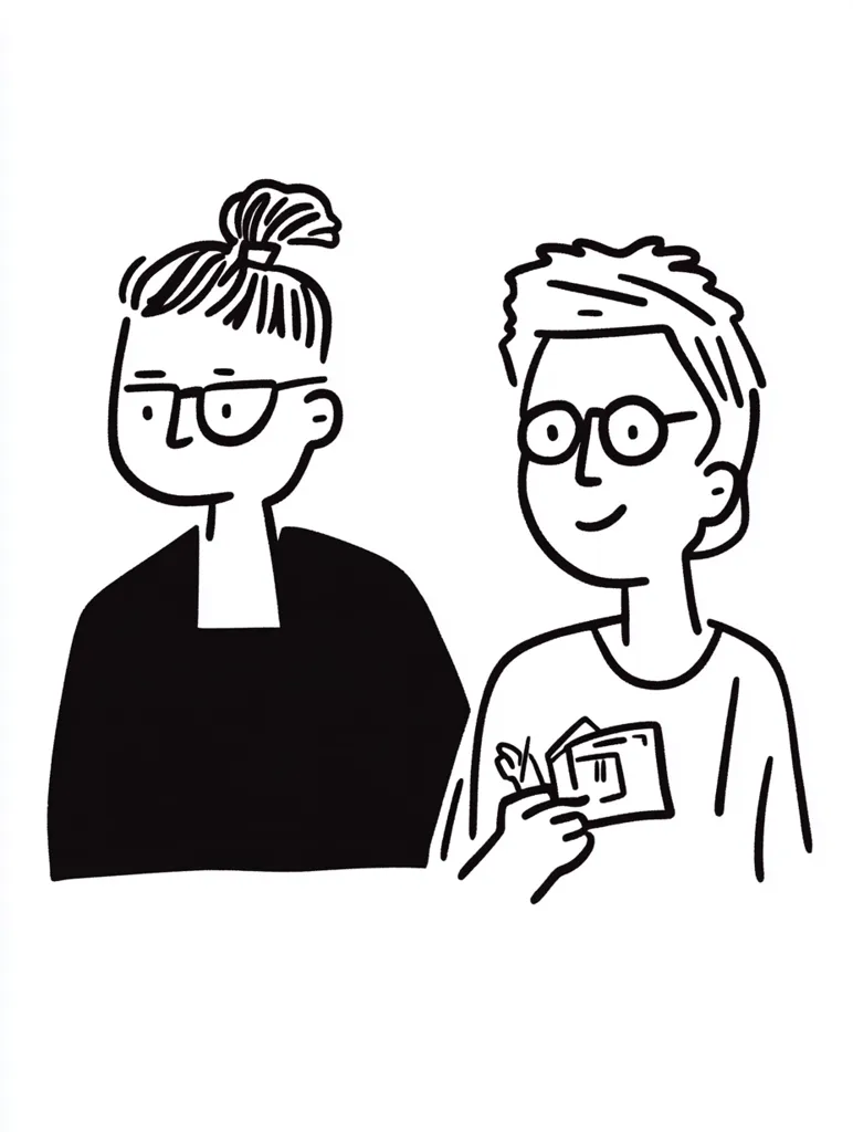 A black and white illustration depicts two individuals, possibly a couple. The woman, with her hair in a bun and glasses, is dressed in a dark top. Beside her, a man with glasses and slightly tousled hair holds a small, folded item, possibly a wallet or ticket.  Their expressions are neutral, suggesting a moment of quiet conversation or contemplation. The style is simple and cartoonish.