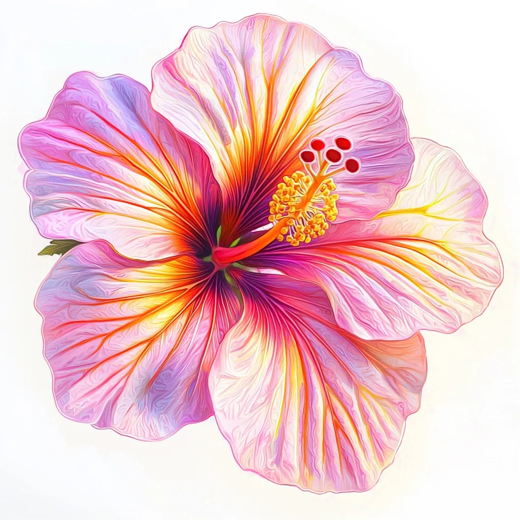 A vibrant hibiscus flower is depicted in a stylized, painterly manner.  The petals are rendered in shades of pink, orange, and purple, with visible brushstrokes creating a textured effect. The flower's stamen is a rich orange-yellow, contrasting beautifully with the softer hues of the petals. The overall impression is one of tropical beauty and artistic expression.
