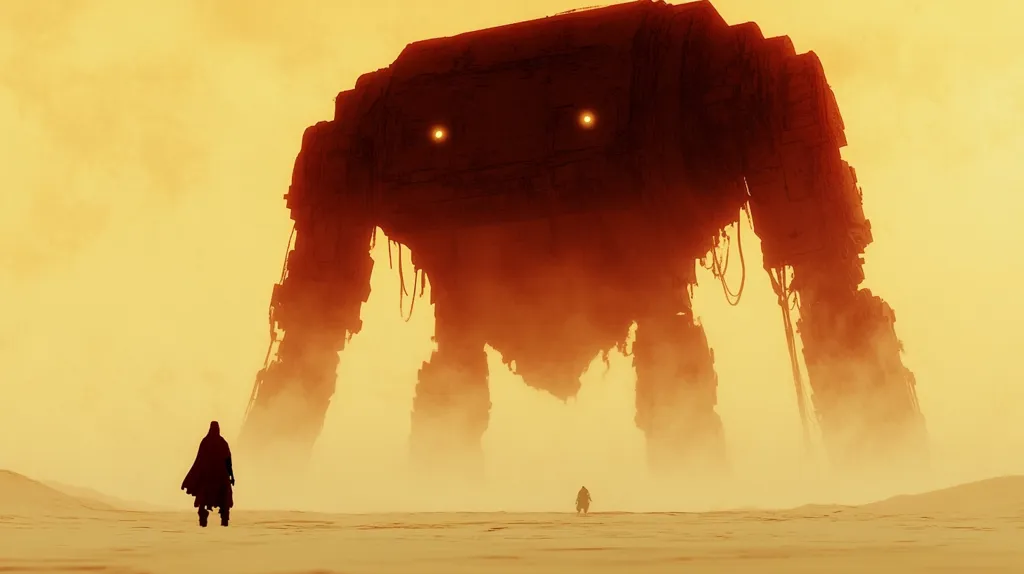 A colossal, weathered mecha looms over a desolate, orange-hued desert landscape. Two lone figures, dwarfed by the giant machine, stand in the foreground.  The scene evokes a sense of vastness, isolation, and the potential for a confrontation between humanity and a powerful, possibly defunct, technological entity. The overall atmosphere is one of mystery and impending conflict.