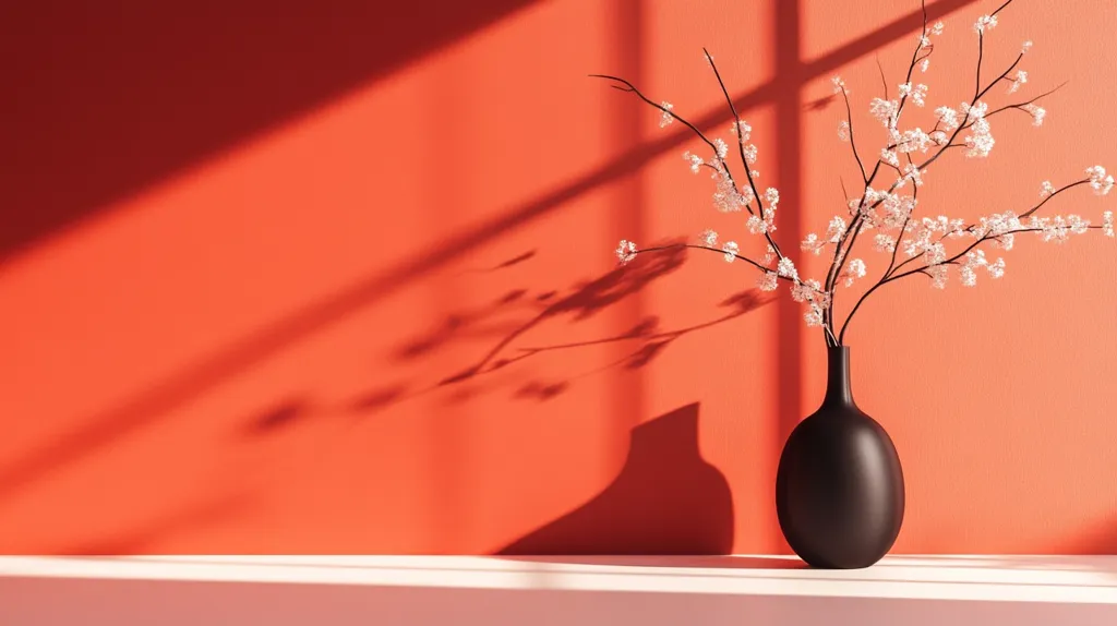 A minimalist still life features a dark vase holding delicate white blossoms.  The vase sits on a white shelf against a vibrant coral wall, bathed in sunlight that casts dramatic shadows. The scene evokes a sense of calm and serenity with its simple composition and warm color palette.