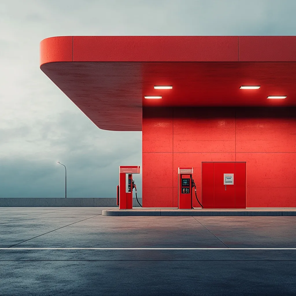A minimalist gas station with a vibrant red design stands under a cloudy sky.  Two red fuel pumps are positioned in front of a sleek, modern red building with a cantilevered roof and integrated lighting. The empty forecourt is made of dark gray concrete.  The overall aesthetic is clean, modern, and striking.