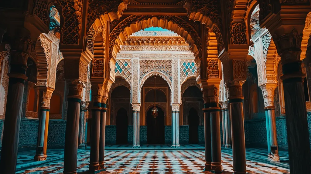 A stunning interior view of a Moorish palace, showcasing intricate arabesque designs.  Ornate arches and columns create a mesmerizing pattern, leading to a central chamber.  Rich, warm tones of orange and brown contrast with cool teal tiled walls, highlighting the architectural details.  The checkerboard floor adds geometric symmetry to the scene, exuding opulence and history.