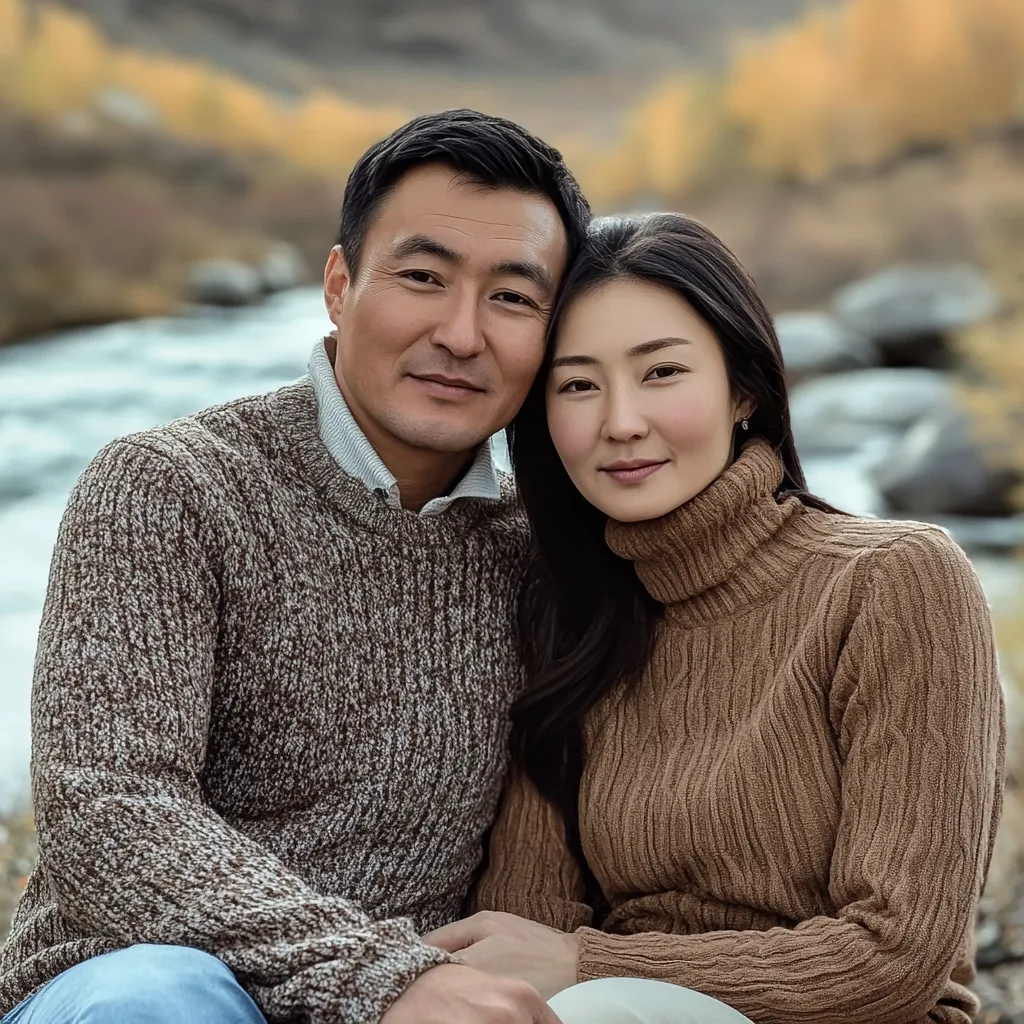 A middle-aged Asian couple sits close together outdoors, nestled against a blurred backdrop of a rocky stream and autumnal foliage.  The man, in a brown speckled sweater, rests his arm around his wife, who wears a light brown turtleneck sweater.  They gaze directly at the camera, their expressions conveying warmth and affection. The overall mood is intimate and serene.