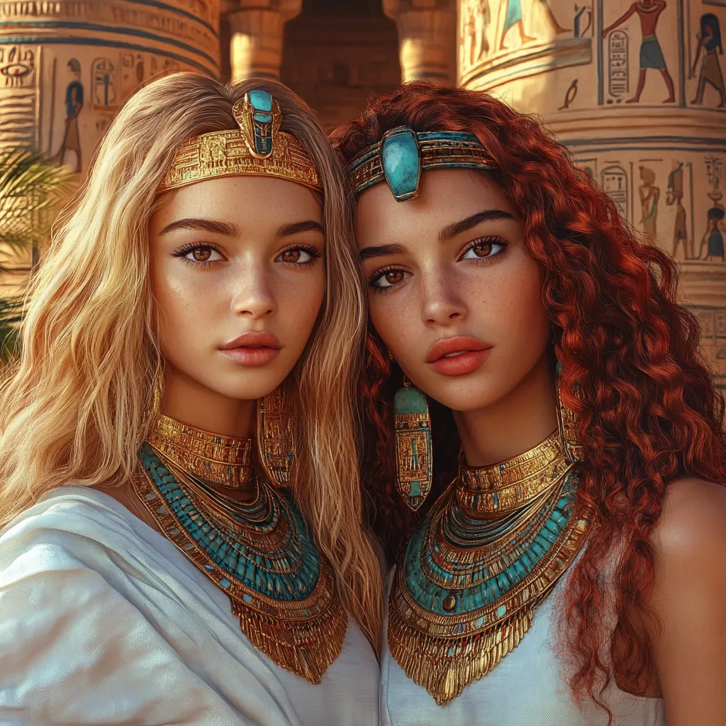 Two strikingly beautiful women, adorned in elaborate gold and turquoise Egyptian-inspired jewelry, stand close together.  Their long, flowing hair—one blonde, the other fiery red—frames their faces.  The women are positioned against a backdrop of ancient Egyptian columns, enhancing the regal and mystical atmosphere.  The image is digitally created, with a focus on the women's captivating features and the richness of their attire.