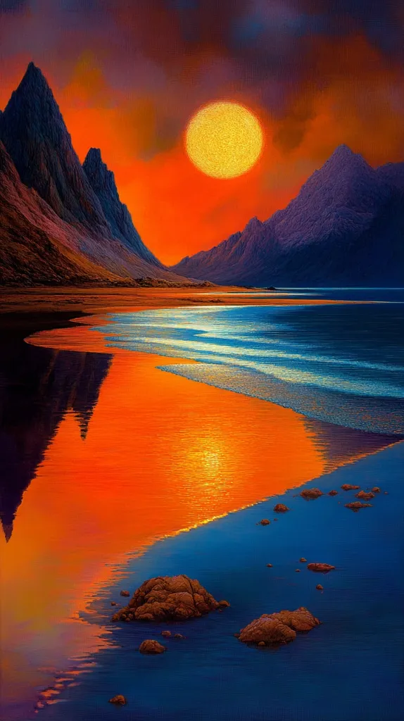 A vibrant sunset paints the sky in fiery oranges and reds, casting a warm glow on a tranquil beach scene.  Jagged mountains stand silhouetted against the blazing sun, their reflections mirrored in the calm waters.  Small rocks dot the shoreline, contrasting with the deep blue of the ocean. The overall effect is one of serene beauty and captivating natural light.