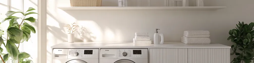 A bright, minimalist laundry room features a white countertop with a pair of matching white washing machines.  Stacked towels and a soap dispenser sit on the counter.  Above, a white shelf holds baskets and bottles, while potted plants flank the scene, adding natural elements to the clean, serene space.  Sunlight streams in through a window, illuminating the room's calm aesthetic.