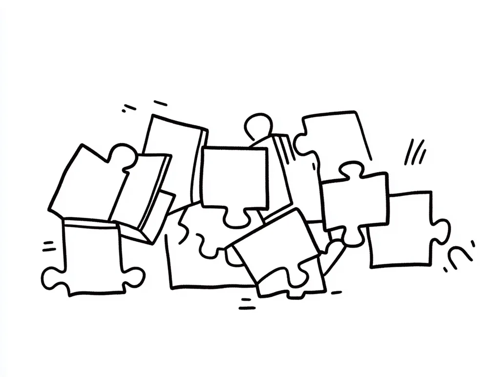 A hand-drawn illustration depicts a chaotic pile of jigsaw puzzle pieces.  The pieces are various shapes and sizes, some interlocking, others separate. The style is simple, black line art on a white background, conveying a sense of disarray or a challenge to be solved.  The image suggests concepts of problem-solving, teamwork, or complexity.