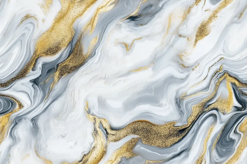 An abstract image showcases a mesmerizing blend of white, gray, and gold.  Swirling, marble-like patterns create a dynamic, flowing texture.  The gold accents add a touch of luxurious shimmer, enhancing the overall elegant and artistic effect. The interplay of colors and fluidity evokes a sense of movement and sophistication.