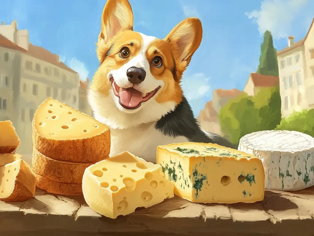A cheerful corgi dog sits amidst a delightful array of cheeses.  Various types of cheese, including what appears to be Swiss, cheddar, and blue cheese, are artfully arranged on a wooden surface. The background features a charming European-style cityscape under a bright, sunny sky. The overall style is whimsical and vibrant.
