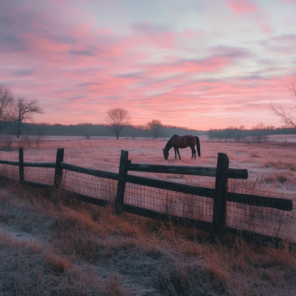 A lone horse grazes peacefully in a frost-covered field at sunrise.  The sky blazes with vibrant pink and purple hues, casting a soft glow over the tranquil scene. A rustic wooden fence runs along the foreground, separating the pasture from the viewer.  Bare winter trees dot the horizon, completing the serene, idyllic landscape.