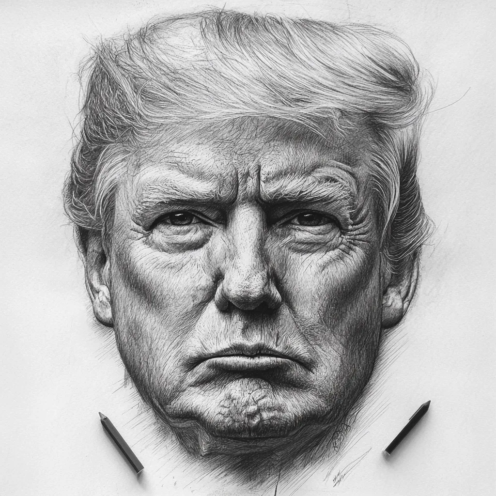 A meticulously detailed black and white pencil drawing of Donald Trump dominates the composition.  The portrait captures a serious expression on his face, emphasizing his facial features and hairstyle.  Fine lines and shading create a realistic texture, showcasing the artist's skill. Two pencils rest on the paper, suggesting the tools used to create this impressive artwork.