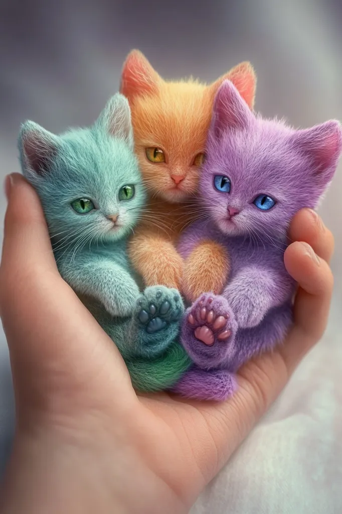 Three adorable kittens, one teal, one orange, and one lavender, huddle together in a gentle hand.  Their vibrant, pastel colors are striking against the soft skin.  Their tiny paws are visible, adding to their endearing charm. The image evokes a sense of warmth and gentleness.