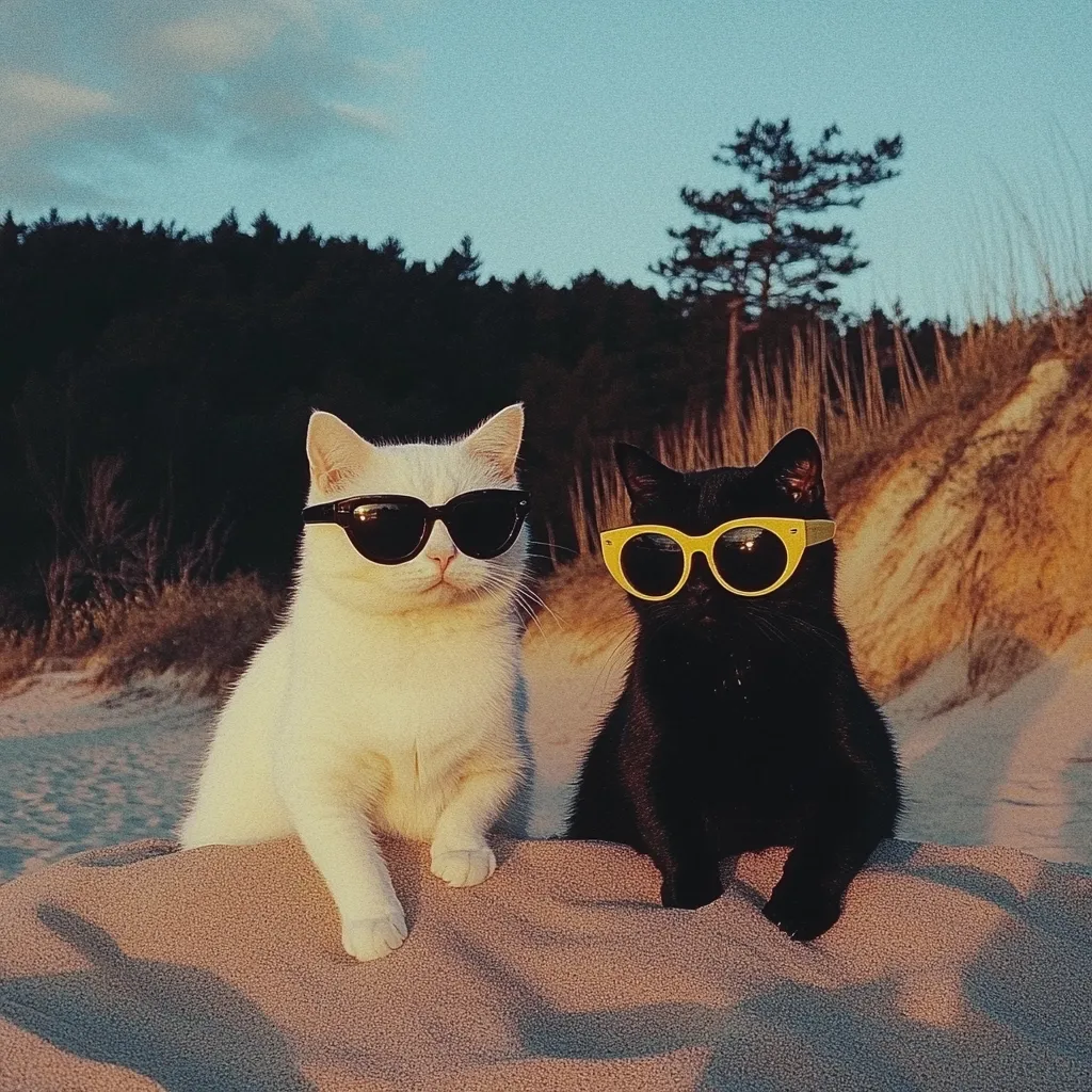A white cat and a black cat, both wearing sunglasses, sit side-by-side on a sandy dune.  The white cat sports black sunglasses, while the black cat wears yellow ones.  The backdrop is a tranquil beach scene at sunset, with dark green trees and tall grasses visible in the distance. The image evokes a feeling of summer coolness and relaxed sophistication.