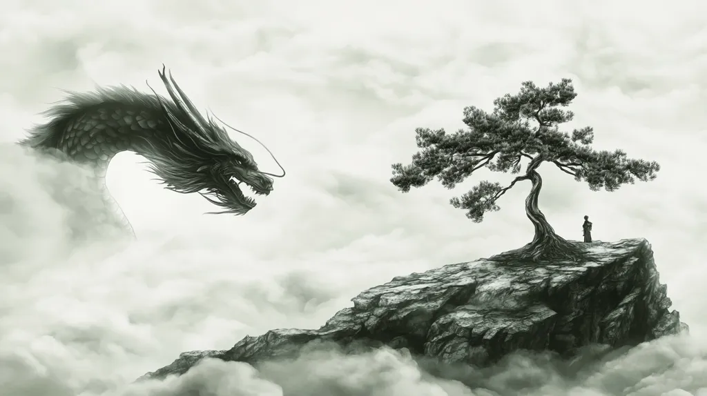 A majestic black dragon emerges from a misty cloud, its gaze directed towards a solitary figure standing beneath a windswept pine tree atop a rocky outcrop.  The scene is rendered in monochrome, evoking a sense of serene power and contemplation.  The contrast between the mythical creature and the human figure emphasizes themes of nature's immensity and human insignificance.