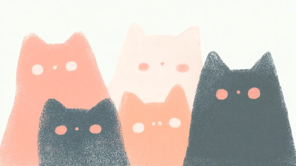 A charming illustration features four stylized cats, rendered in a soft, textured style.  Two are dark grey, and two are light peach and pink.  The cats are positioned close together, creating a cozy and playful arrangement. The overall aesthetic is gentle and appealing.  The background is a simple off-white, drawing focus to the whimsical felines.