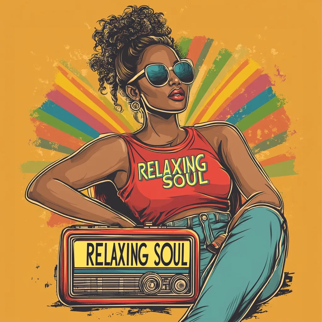 A stylized illustration of a Black woman with an afro, wearing sunglasses and a red tank top that reads "Relaxing Soul." She sits casually, hand resting on a vintage-style radio with the same phrase.  The vibrant background features a colorful, radiating sunburst pattern. The overall aesthetic is retro and soulful.