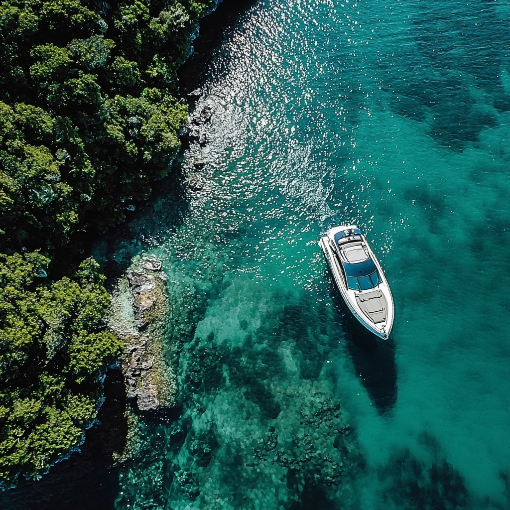 An aerial view captures a sleek, white motorboat gently gliding across vibrant turquoise waters.  The boat is positioned near a lush, green coastline, the contrast between the tranquil sea and the dense foliage creating a picturesque scene. The crystal-clear water reveals hints of the seabed below, enhancing the overall serenity of the image.