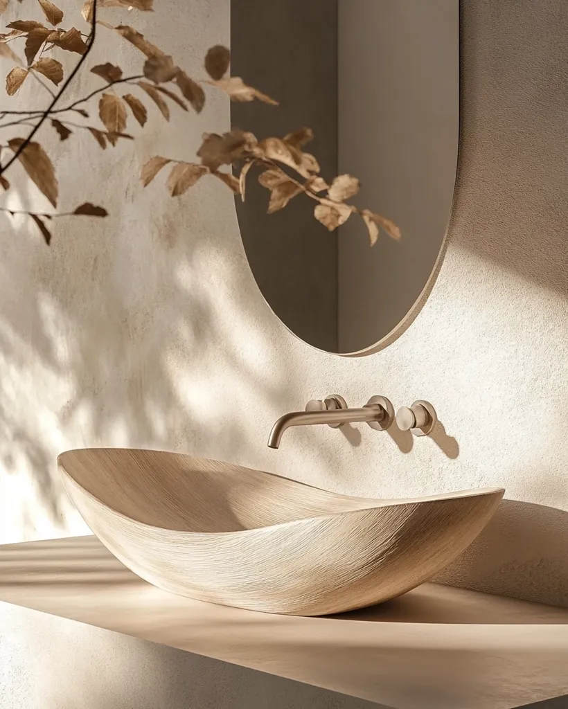 A light beige, wood-like vessel sink sits on a matching countertop.  A minimalist, brushed gold faucet is mounted on the wall above. A half-oval mirror hangs on the wall behind, partially obscured by a branch with dried, brown leaves. The overall aesthetic is serene and minimalist, bathed in soft, natural light.