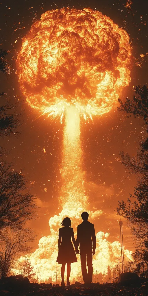 A couple stands silhouetted against a massive, fiery explosion in the sky.  The orange and yellow flames dominate the scene, creating a dramatic contrast to the dark figures holding hands.  Trees and a faint cityscape are visible in the foreground, hinting at a post-apocalyptic or disaster setting.  The image evokes a sense of impending doom and uncertain future, yet the couple's embrace conveys a sense of resilience and togetherness.
