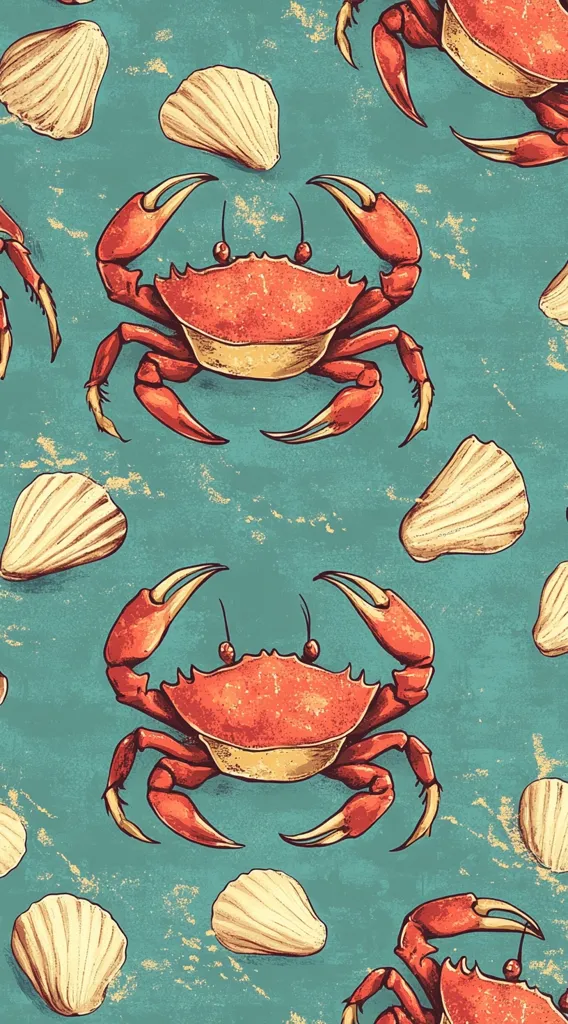 A vibrant illustration features a repeating pattern of red crabs and scallop shells on a teal background.  The crabs are depicted in a detailed, almost vintage style, with their claws outstretched.  The scallops are light beige, contrasting nicely with the bold red of the crabs and the cool background.  The overall style is reminiscent of a seaside motif, suggesting a beach or seafood theme.