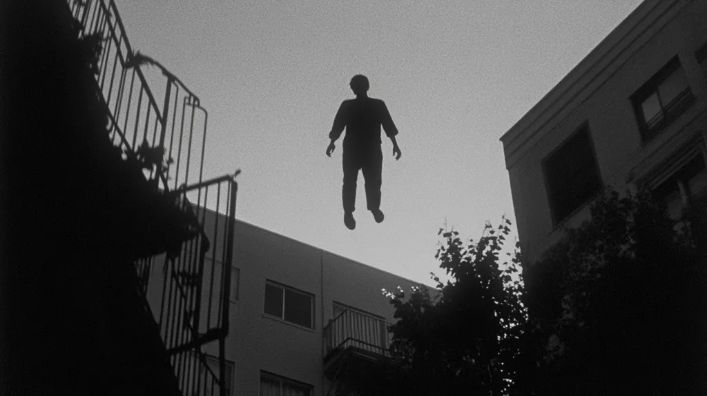 A black and white image shows a silhouetted figure levitating between two buildings. The figure is centrally positioned, appearing serene and weightless against the overcast sky. The buildings are simple in design, with visible windows and balconies. The overall mood is mysterious and surreal, with a stark contrast between the floating figure and the static urban environment. A fire escape is partially visible in the foreground.