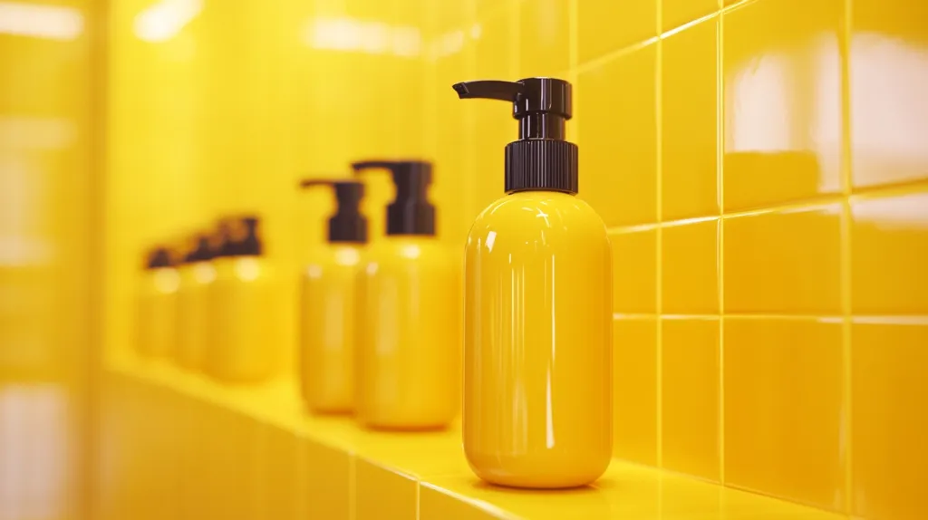 Several vibrant yellow pump bottles of lotion or soap are arranged on a bright yellow tiled shelf. The bottles are various sizes, with the largest bottle in the foreground.  The bold yellow color creates a striking visual contrast against the clean, minimalist background.  The image suggests a clean and modern setting, possibly a bathroom or spa.