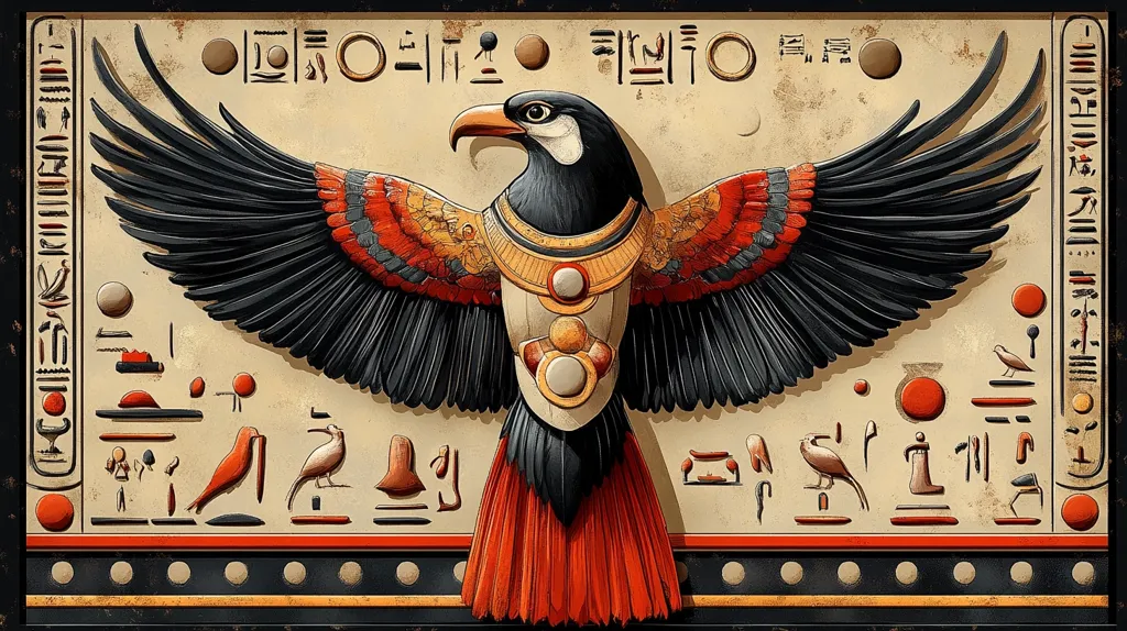 A stylized depiction of an Egyptian Horus bird, wings outstretched, dominates a beige background inscribed with hieroglyphs.  The bird is adorned with gold jewelry and its feathers are rendered in rich blacks, reds, and oranges.  The hieroglyphs surrounding it suggest a scene of ancient Egyptian mythology or ritual. The overall style is reminiscent of ancient tomb paintings, employing a color palette and design elements typical of the period.