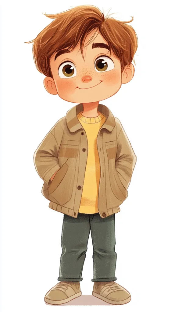 An illustration of a cute, freckled boy with brown hair. He's wearing a tan jacket, a yellow shirt, gray pants, and beige shoes.  His hands are in his pockets, and he has a sweet, slightly upward gaze. The style is digitally painted, with soft colors and a childlike charm.